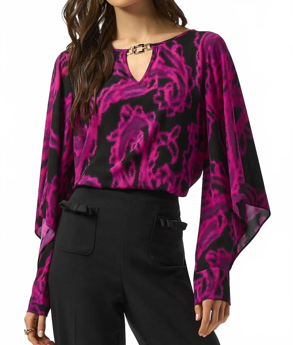 NEW JOSEPH RIBKOFF paisley print georgette long sleeves top in black/cosmos